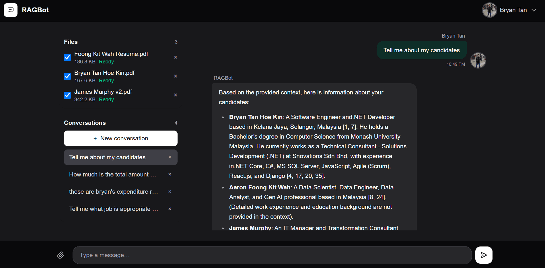 RAG Bot interface showing uploaded documents and a contextual conversation
